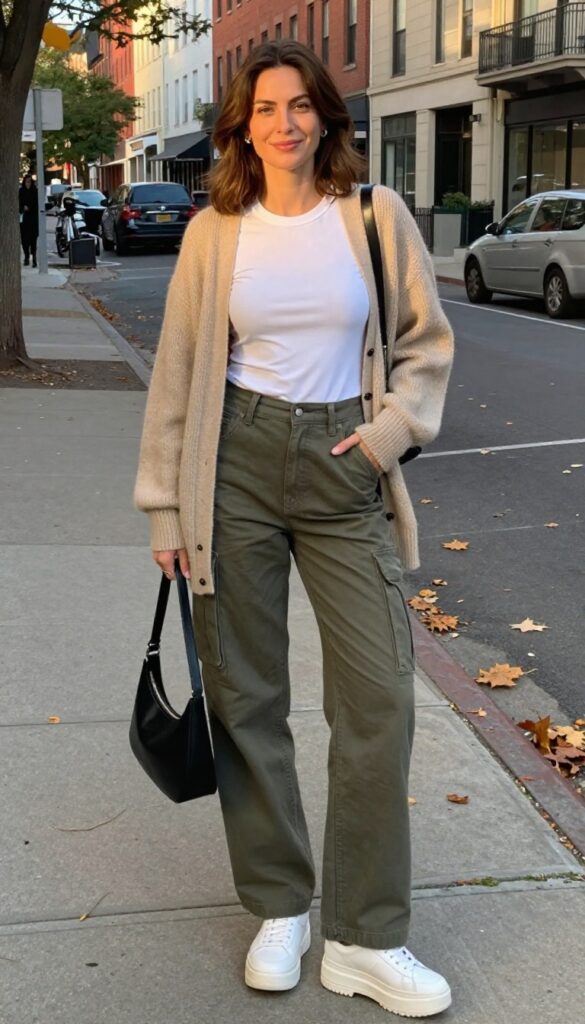 8. Cardigan + T-Shirt + Cargo Pants + Platform Sneakers