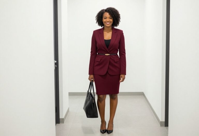Black woman in burgundy blazer dress with gold belt and pointed flats in office hallway