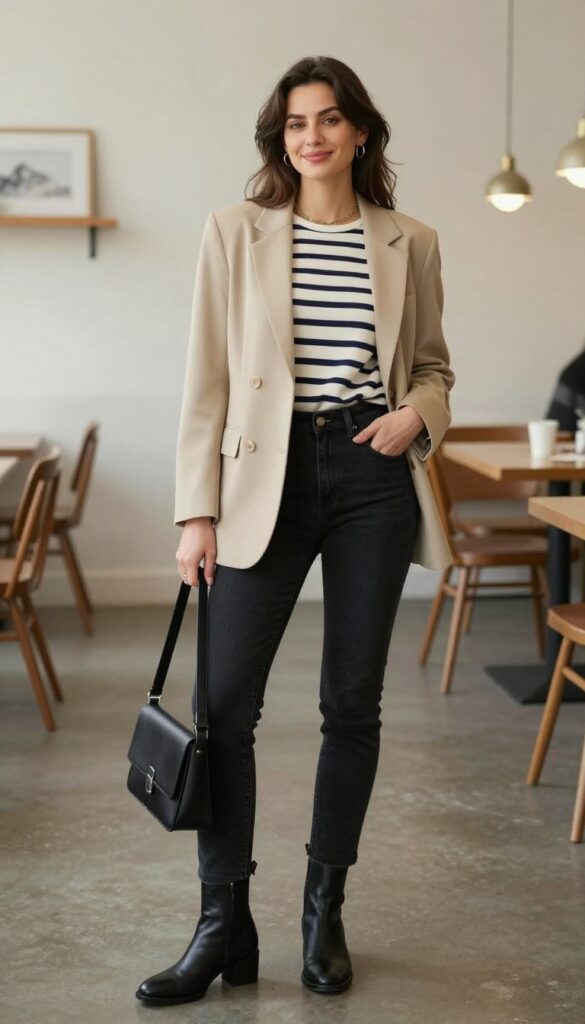 3. Beige Blazer + Striped Breton Top + Black Skinny Jeans + Ankle Boots