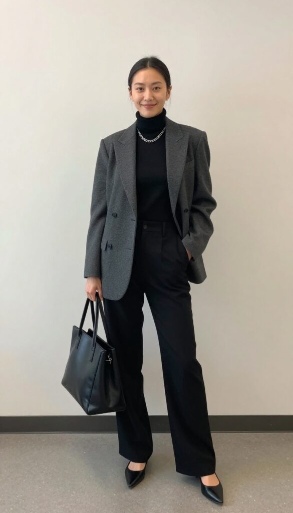 1. Charcoal Blazer + Black Turtleneck + Wide-Leg Trousers