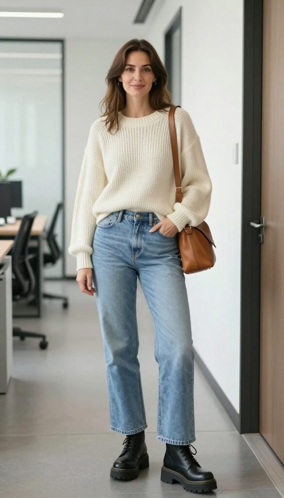8. Platform Work Boots with Wide-Leg Jeans