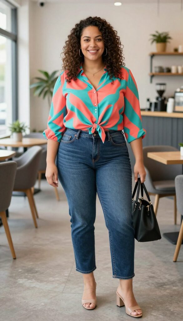 5. Bold Printed Blouse with Straight-Leg Jeans