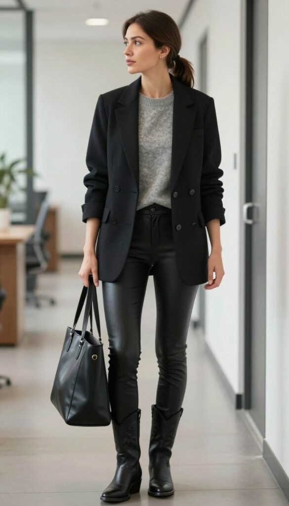 9. Black Blazer + Gray Cashmere Sweater + Black Leather Leggings + Black Western Boots