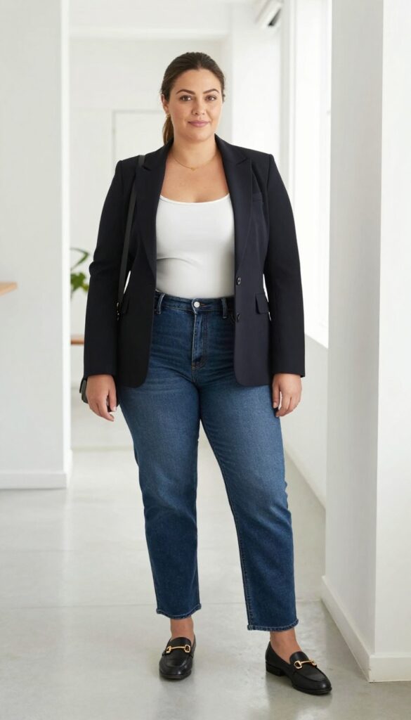 3. Dark Straight-Leg Jeans + Blazer + Horsebit Loafers