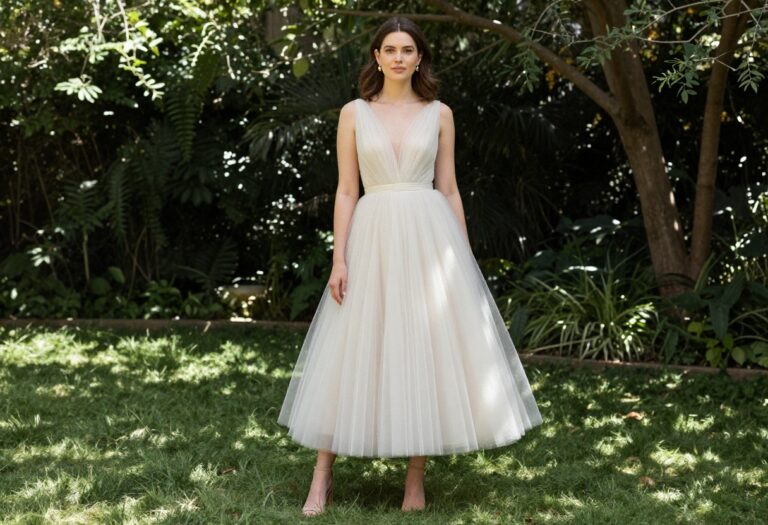 Woman in sleeveless tulle wedding dress with bouquet in garden