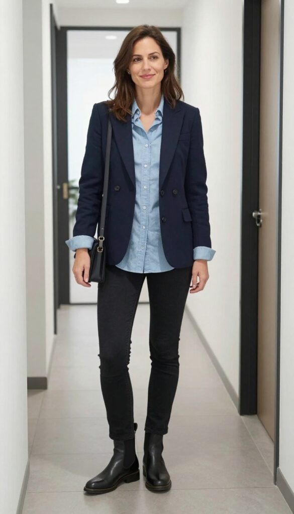 9. Blue Blazer + Chambray Shirt + Black Jeans + Chelsea Boots