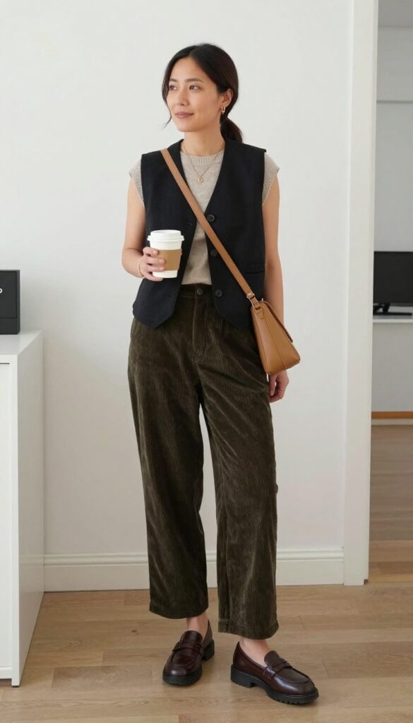 10. Black Vest + Sweater Vest + Corduroy Pants