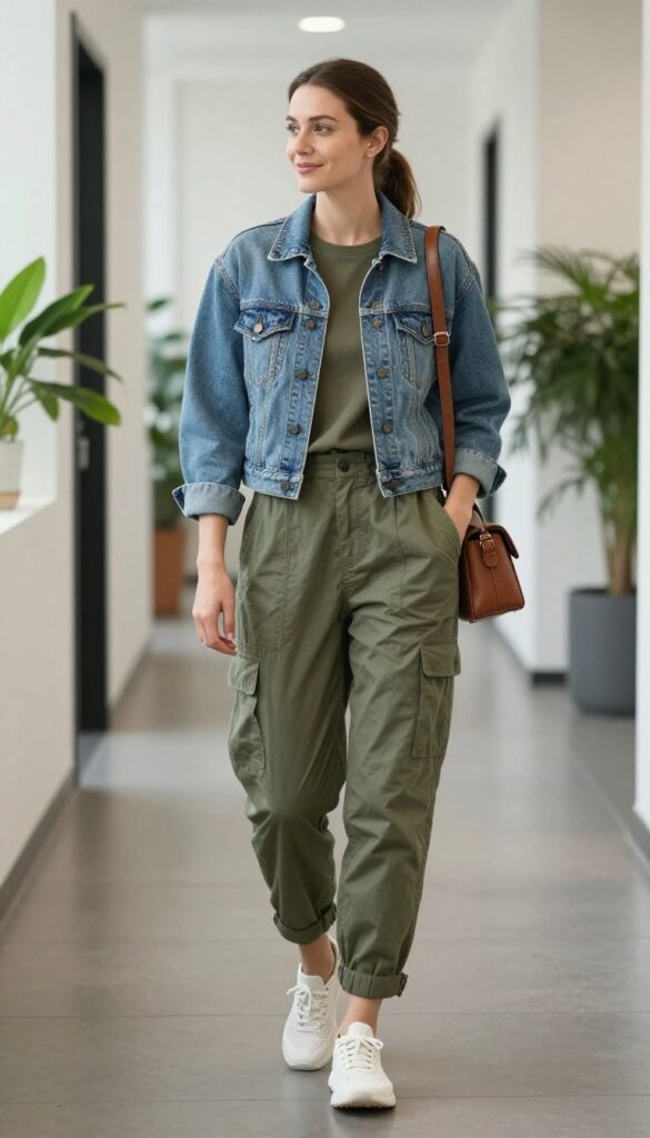 11. Utility Jumpsuit + Knit Sneakers + Denim Jacket