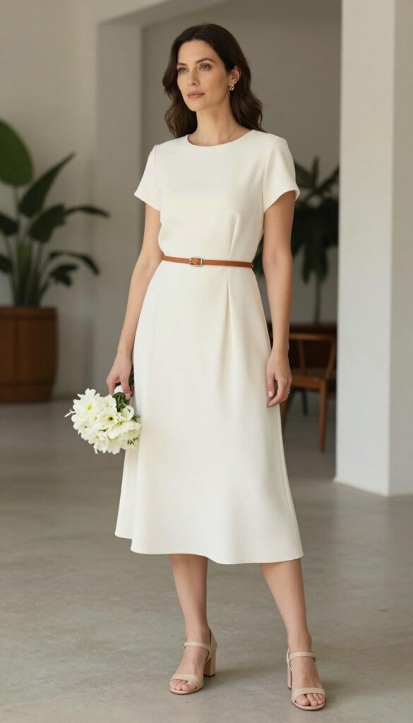 Woman in belted ivory straight wedding dress with nude heels and gold studs in chapel