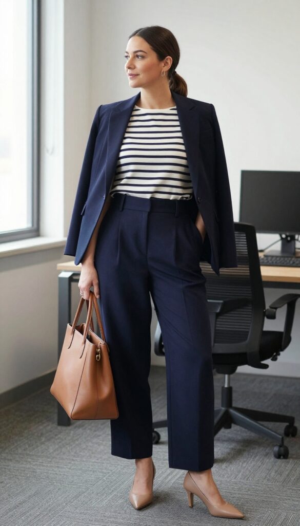 4. Navy Wide-Leg Trousers + Striped Top + Blazer