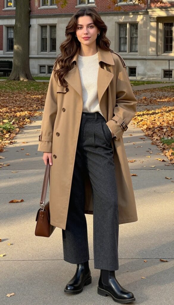 6. Trench Coat with a Sweater, Wide-Leg Trousers, and Chelsea Boots