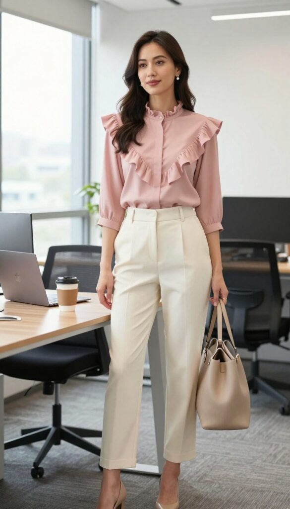 1. Ruffled Blouse + High-Waisted Trousers