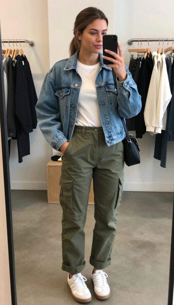 6. The Utility Edge: Olive Cargo Pants + Fitted Tee + Denim Jacket