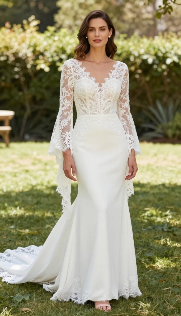 Woman in lace bell sleeve wedding dress with cathedral train standing in sunlit garden