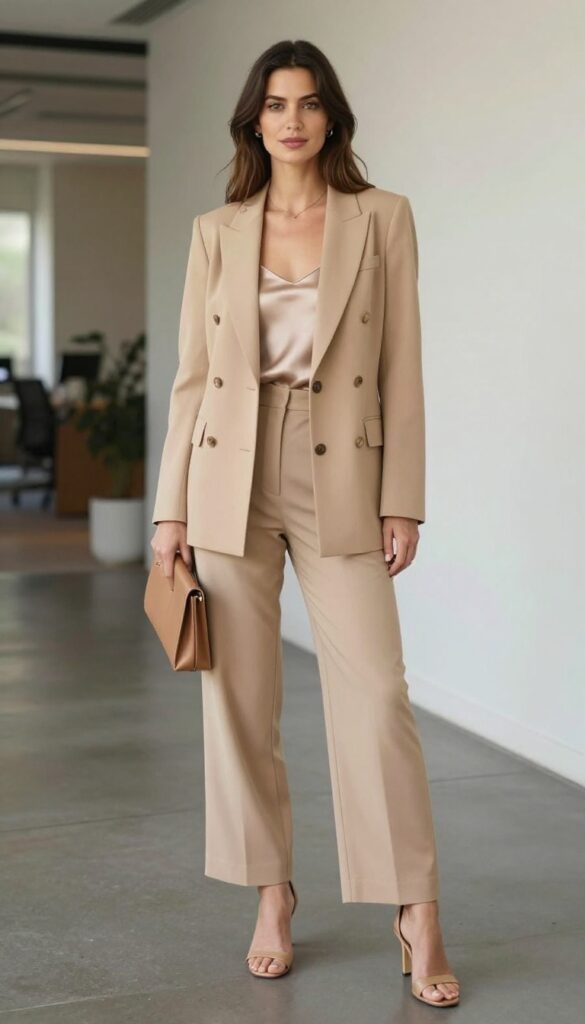 12. Double-Breasted Blazer + Wide-Leg Trousers + Heeled Sandals