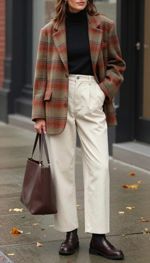 3. Oversized Plaid Blazer + Turtleneck + Wide-Leg Trousers + Loafers (Waterproof)