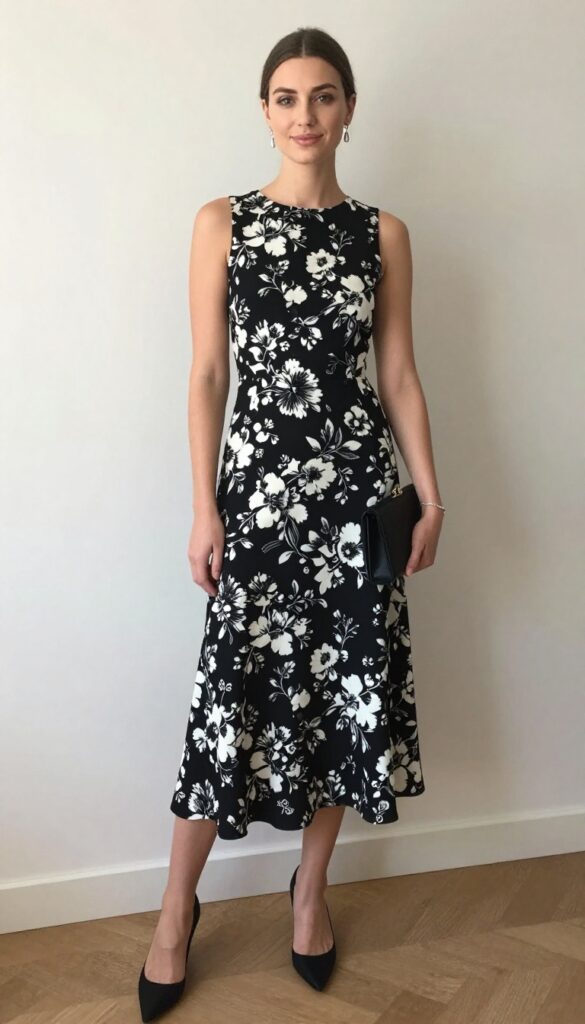 9. Sophisticated Monochrome with a Black-and-White Floral Dress