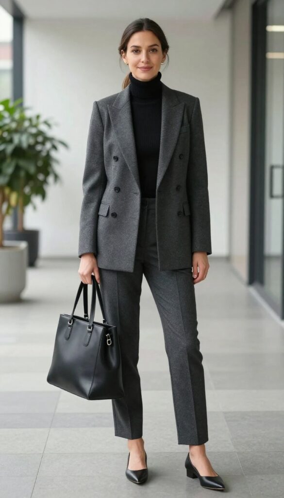 6. Double-Breasted Blazer with Turtleneck and Straight-Leg Pants