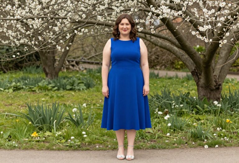 Woman in royal blue wedding dress with floral heels in spring garden