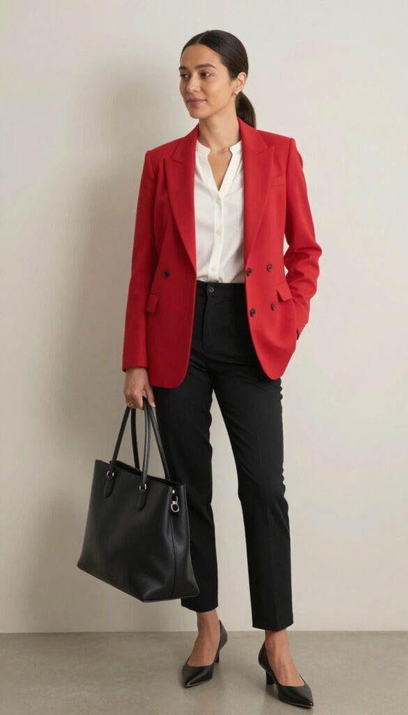 12. Bold-Colored Blazer with Neutral Outfit