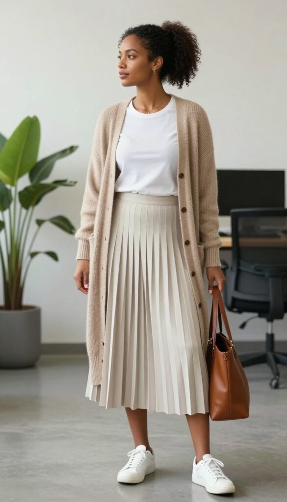 10. Pleated Midi Skirt with a Tucked Tee and Cardigan