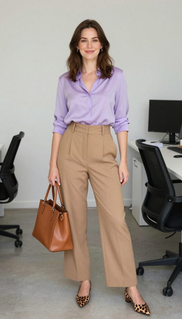 13. Lavender Blouse + Camel Trousers + Leopard Flats
