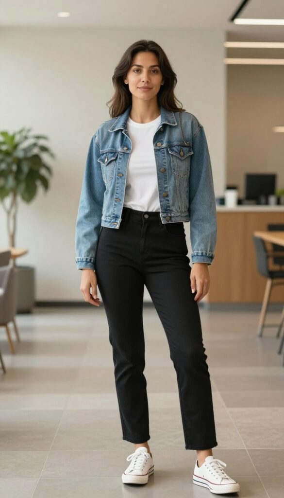 9. High-Waisted Trousers with a Fitted Tee and a Denim Jacket