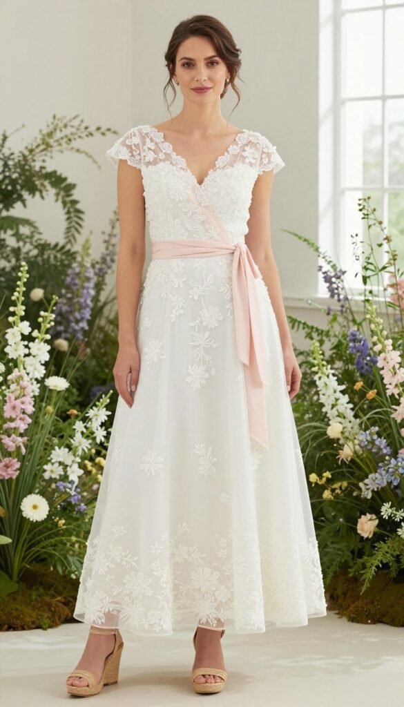 Young adult woman in white cap sleeves wedding dress with colorful floral embroidery, pastel pink wrap, and woven wedges, standing in a spring garden.