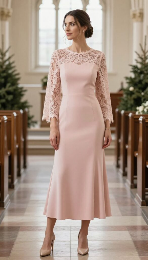A bride in a blush pink dress with a lace capelet and long sleeves, standing in a church with natural light, wearing nude heels and minimal accessories.