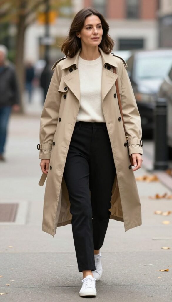 11. Trench Coat + Sweater + Straight-Leg Pants + Leather Sneakers