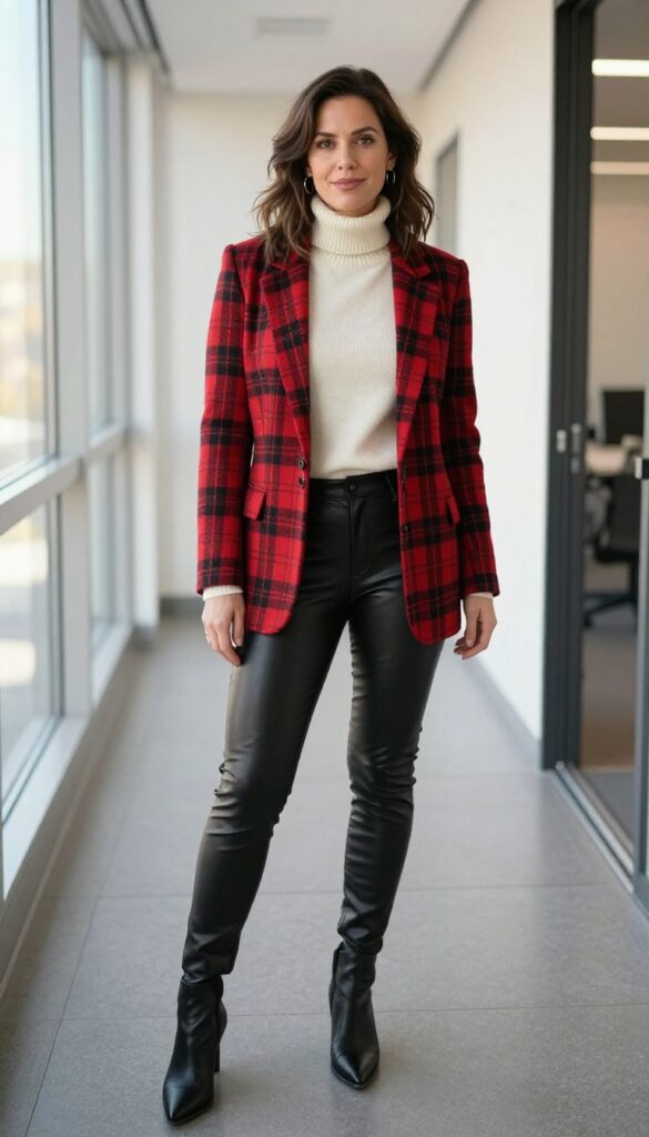 7. Plaid Blazer + Cashmere Turtleneck + Leather Leggings