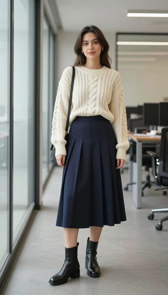 4. Cable-Knit Sweater + Pleated Midi Skirt + Ankle Boots
