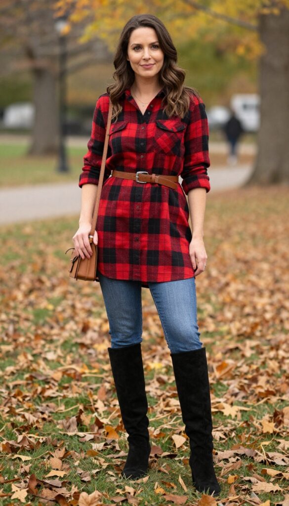 2. Plaid Shirt Dress with Belt and Knee-High Boots