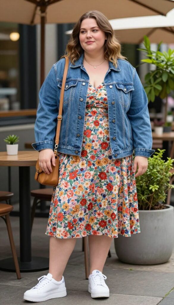 4. Denim Jacket + Floral Midi Skirt + White Sneakers