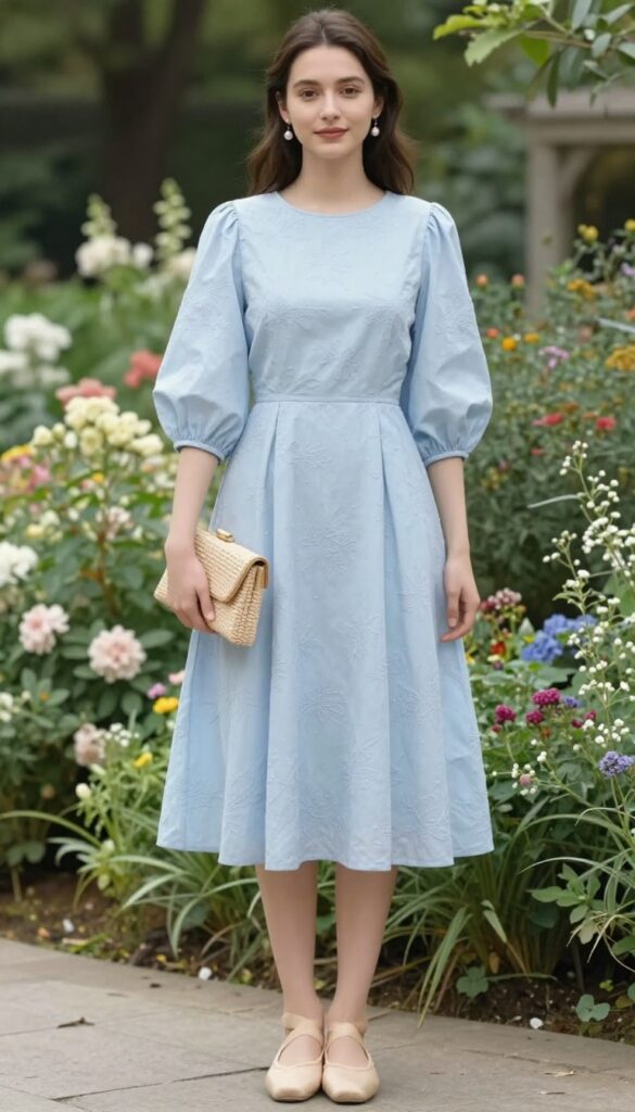 Woman in light blue embroidered midi dress with puffed sleeves, ballet flats, and woven clutch in garden