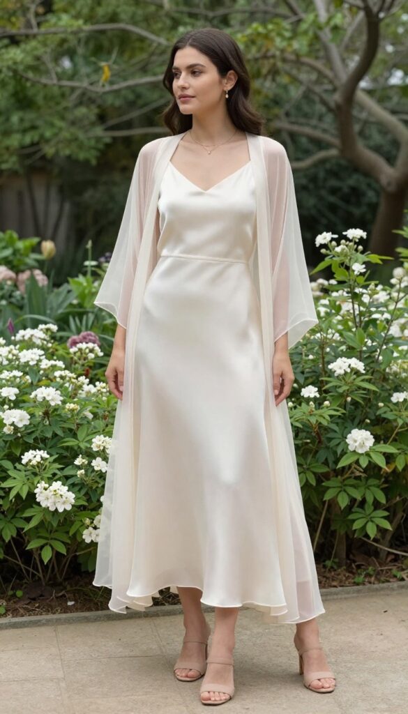 Woman in ivory silk slip dress with sheer rose robe, gold jewelry, and nude mules in garden