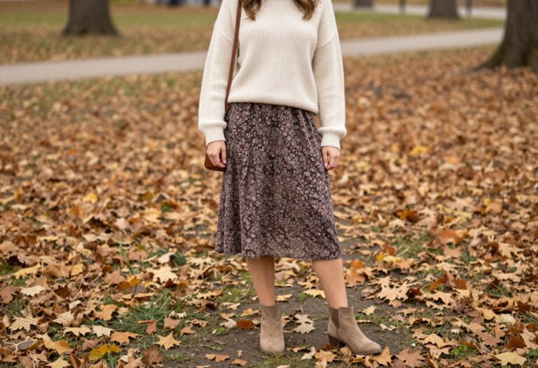 Woman in chunky knit sweater and floral midi dress in autumn park