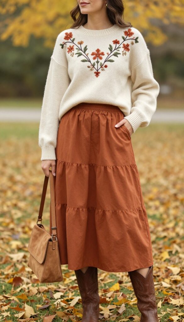 11. Embroidered Sweater with a Tiered Skirt and Western Boots