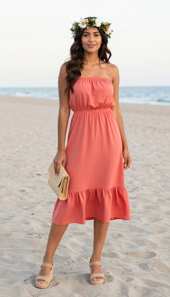 Woman in coral off-shoulder ruffled midi dress with flower crown and woven accessories on beach at sunset