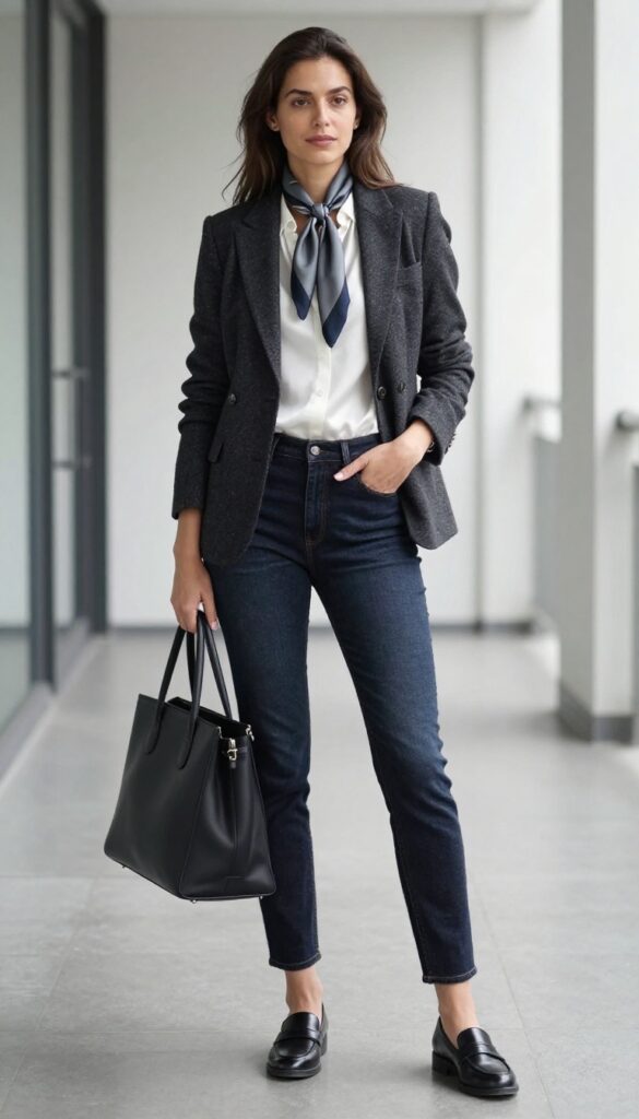 15. Tweed Jacket with Dark Denim (if allowed) or Trousers