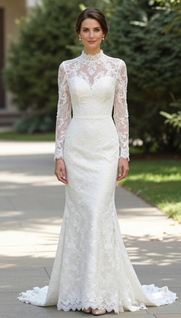 Woman in high-neck lace wedding gown with long train standing in church aisle