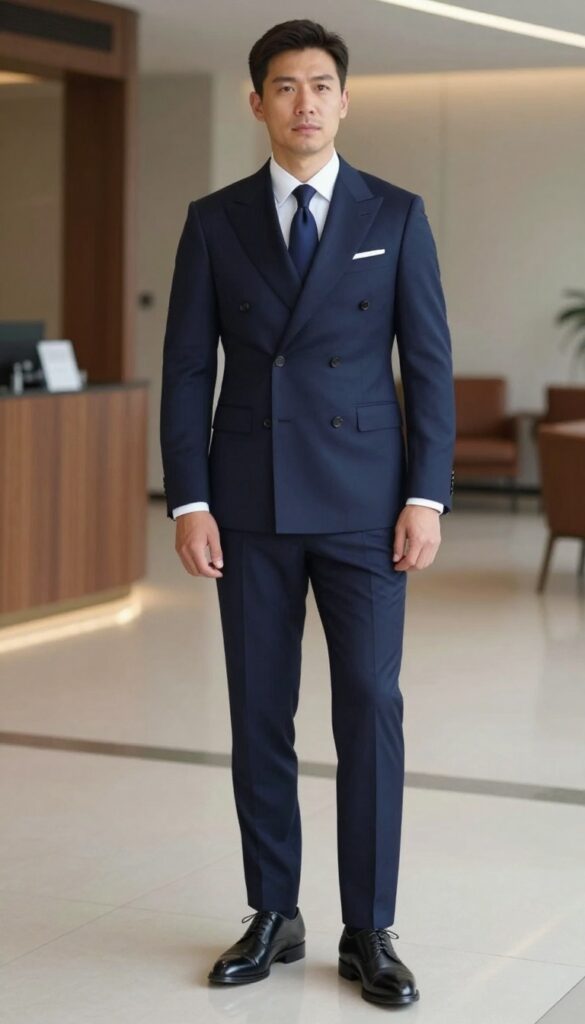 7. Double-Breasted Suit in Navy with a Pocket Square