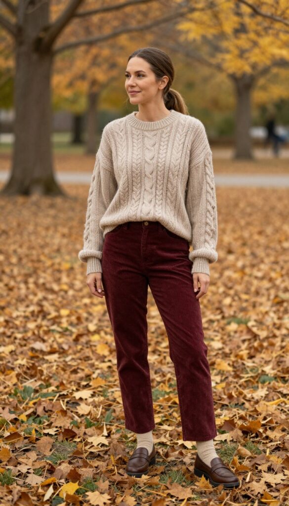 8. Cable-Knit Sweater + Corduroy Pants + Loafers