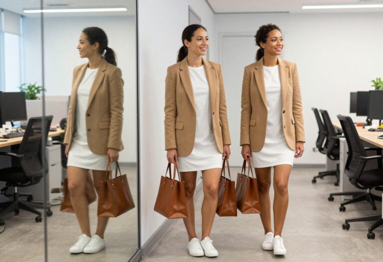 Woman in camel blazer and white T-shirt dress with sneakers in a modern office hallway