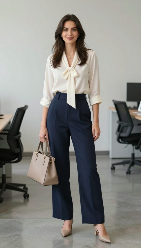 5. Bow Blouse + Wide-Leg Trousers + Pointed Flats