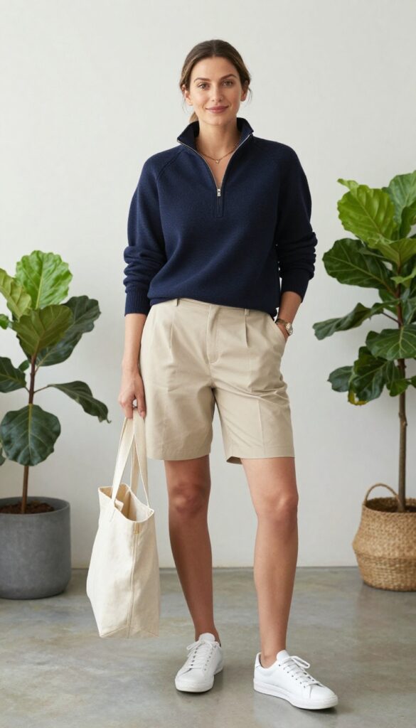 6. Quarter-Zip Pullover + Tailored Shorts + Low-Top Sneakers
