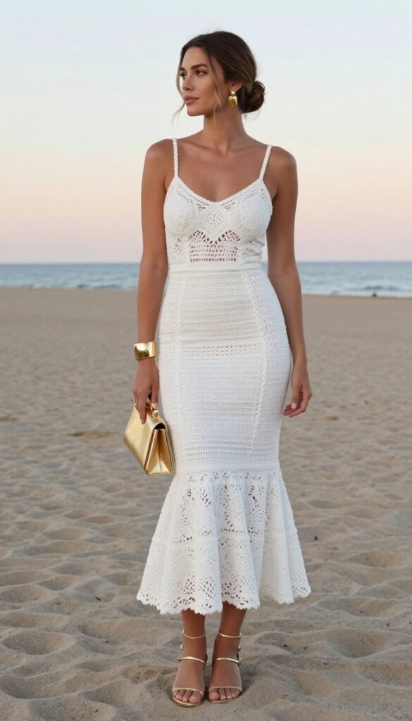 Woman in white crochet mermaid wedding dress with gold jewelry on beach at sunset