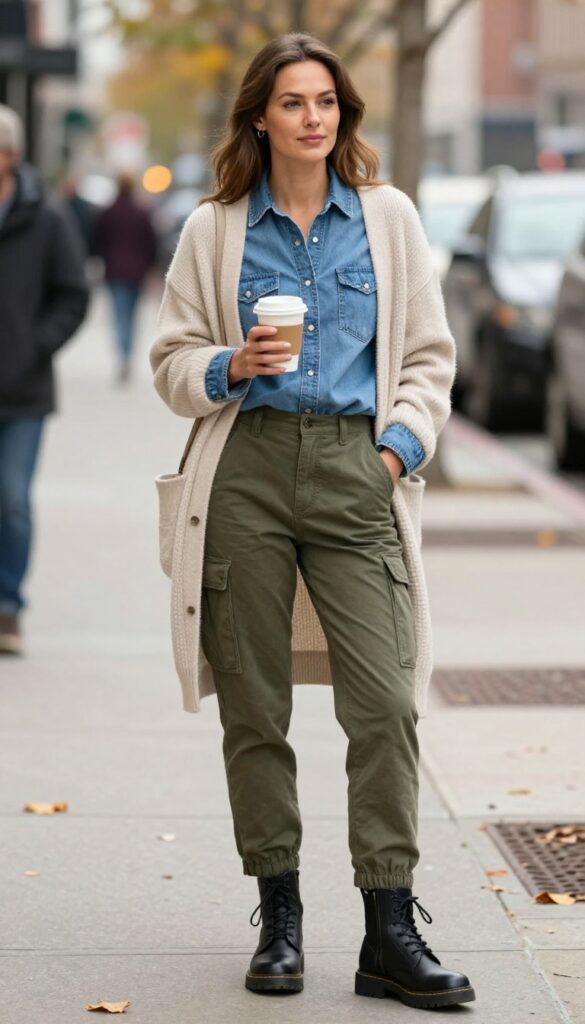 15. Denim Shirt + Cardigan + Cargo Pants + Combat Boots