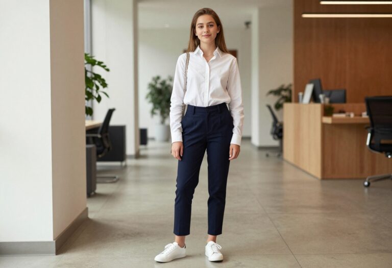 Teenage girl in white shirt and navy trousers for work experience outfit