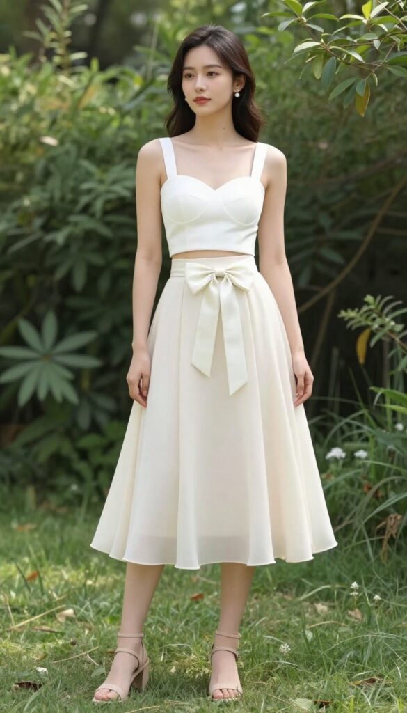 Woman in two-piece bridal set with bow belt in garden